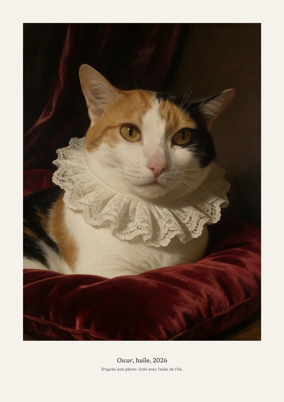 Le tirage imprimé à plat, avant encadrement : le portrait d’Oscar à l’huile, sa marge blanche et son cartel dessous