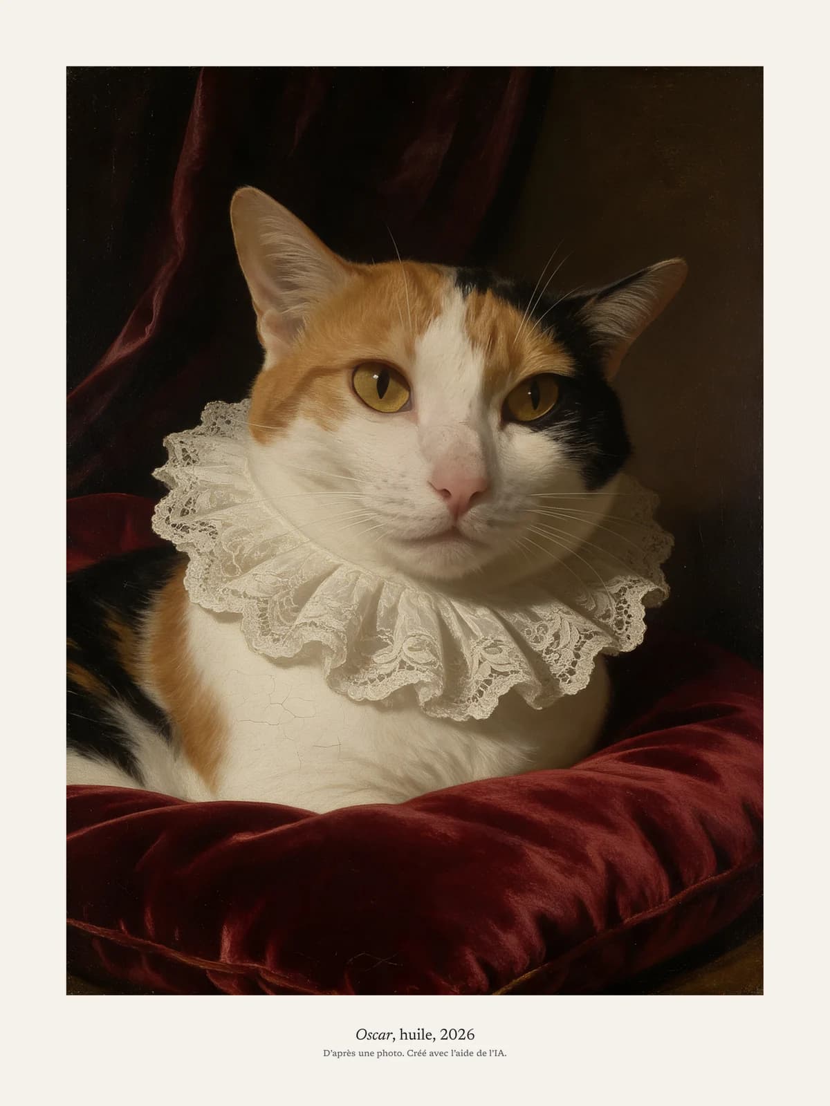 Le tirage imprimé à plat, avant encadrement : le portrait d’Oscar à l’huile, sa marge blanche et son cartel dessous