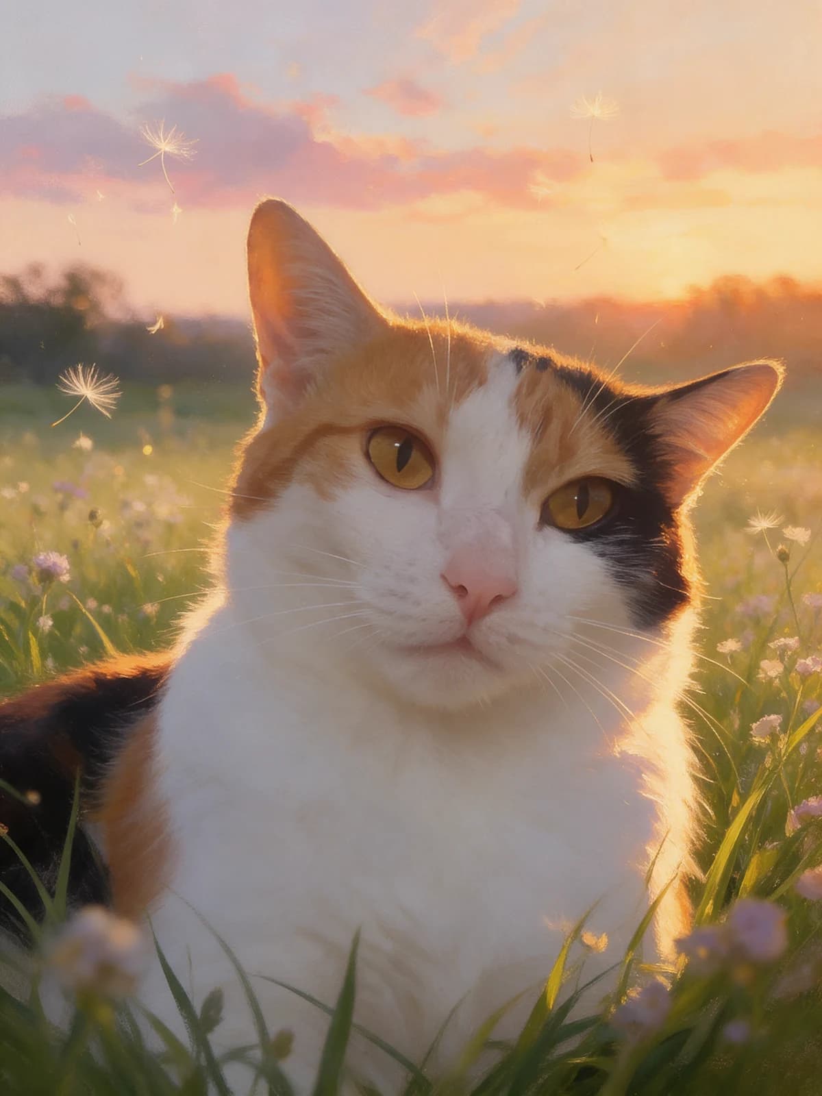 Oscar en portrait en mémoire : une huile lumineuse, dans une prairie au coucher du soleil.